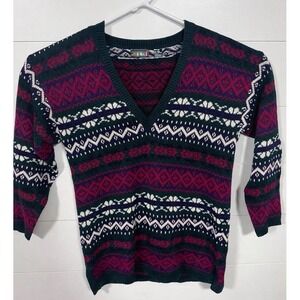 Vintage Paris Sport Club V Neck Fair Isle Green Pink Sweater Size Medium